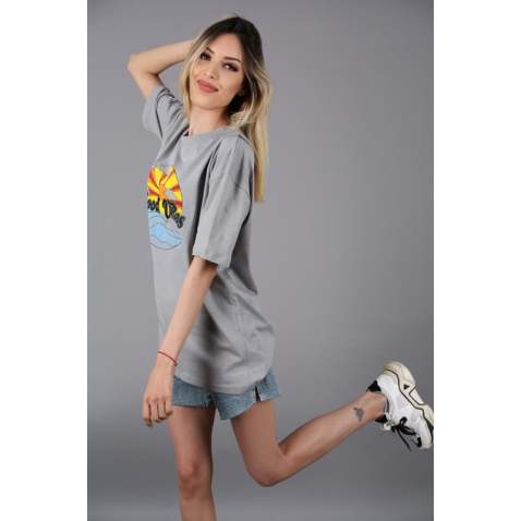 Mad Girls Printed Gray T-shirt Mg1148 - Gri