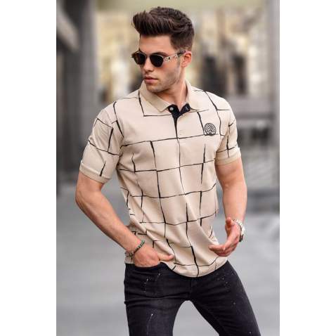 Men Designed Beige Polo T-Shirt 5887 - Bej