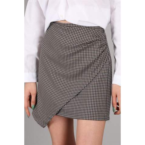 Women Brown Checkered Mini Skirt - Kahverengi