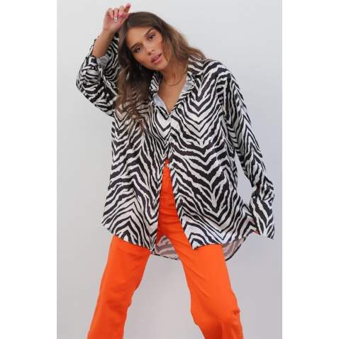 Mad Girls Zebra Design Black Satin Shirt MG1418 - Siyah