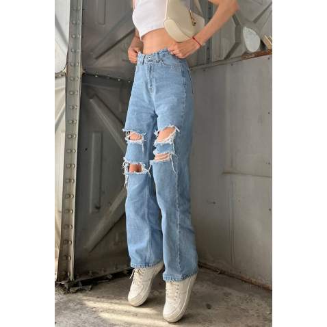 Mad Girls Straight Leg Ripped Blue Jeans Mg1152 - Mavi