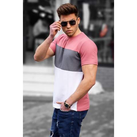 Madmext Men Color Blocked Pink T-shirt 5826 - Pembe