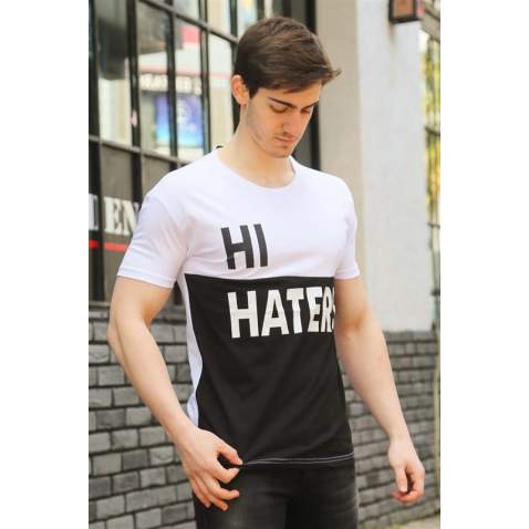 Madmext White Two-Tone Printed T-shirt for Men 3089 - Beyaz