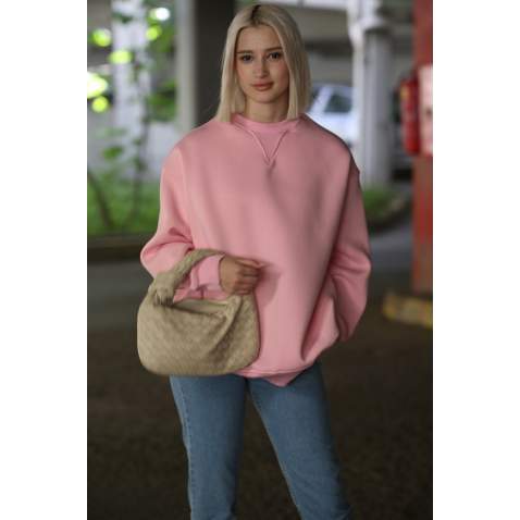 Pembe Kaşkorse Detaylı Bisiklet Yaka Sweatshirt MG1567 - Pembe