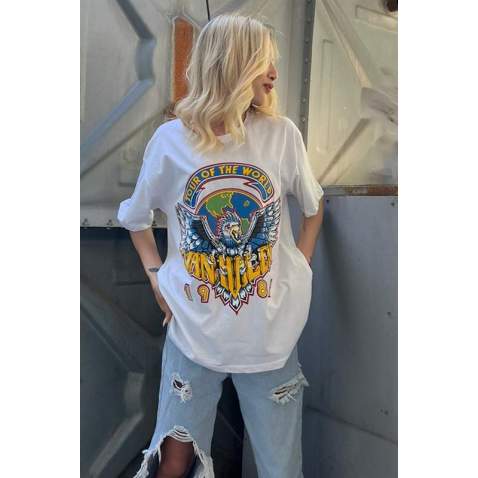 Women Printed White Over Fit T-Shirt MG1509 - Beyaz