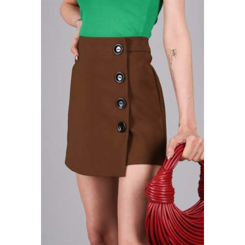 Women Brown Side Button Mini Skirt - Kahverengi