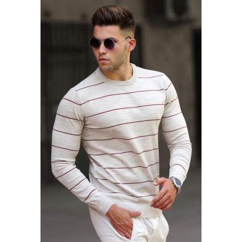 Madmext Men Striped Beige Knitted Sweater 5177 - Bej