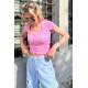 Women Buttoned Pink Crop T-Shirt - Pembe