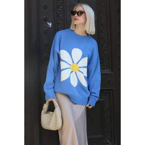 Women Designed Blue Oversize Sweater MG1427 - Mavi