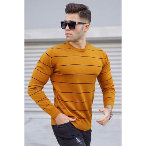 Madmext Men Mustard Striped Knitted Sweater 5177 - Hardal