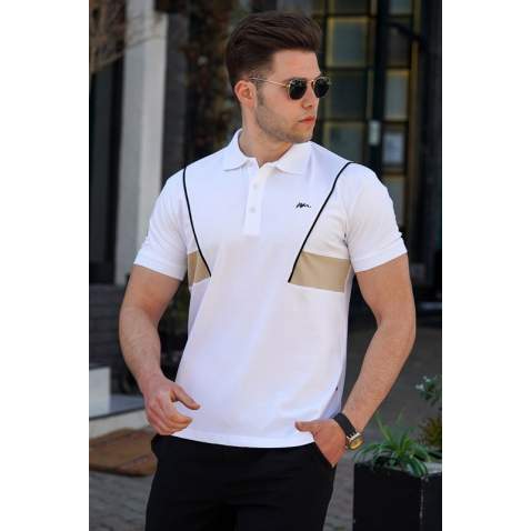 Madmext Men Striped White Polo T-shirt 5243 - Beyaz