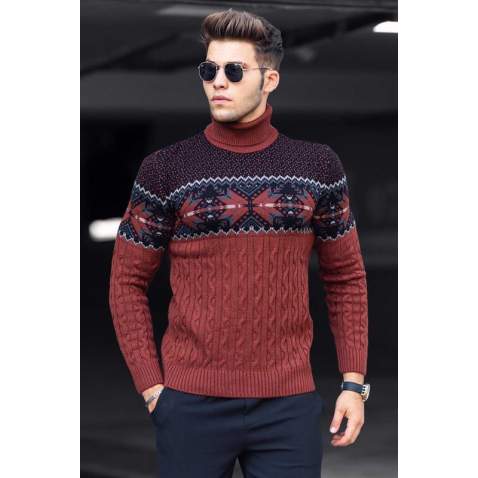 Madmext Claret Red V-Neck Patterned Jumper 4731 - Kiremit