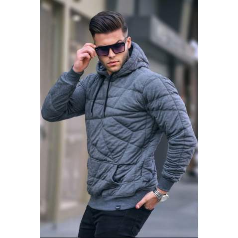 Gray Quilted Hoodie Sweatshirt 6021 - Gri