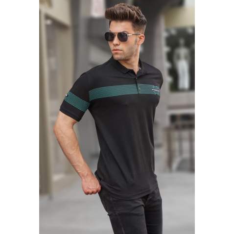 Men Striped Black Polo T-Shirt 5878 - Siyah