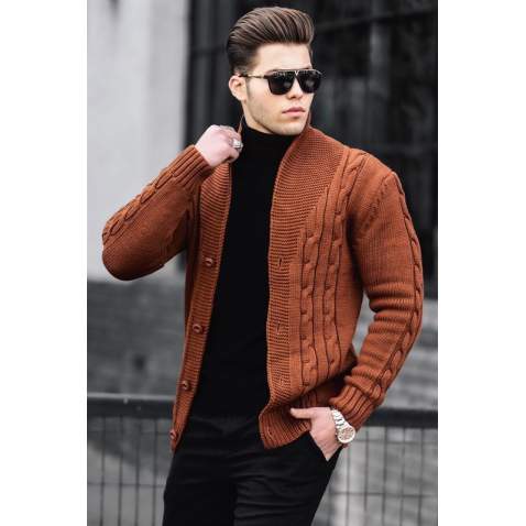 Madmext Men Knitted Tile Red Cardigan 9053 - Kiremit