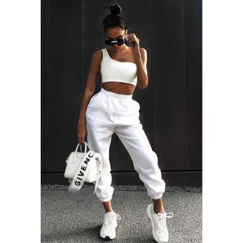 Mad Girls White One Shoulder Strappy Crop Top MG325 - Beyaz