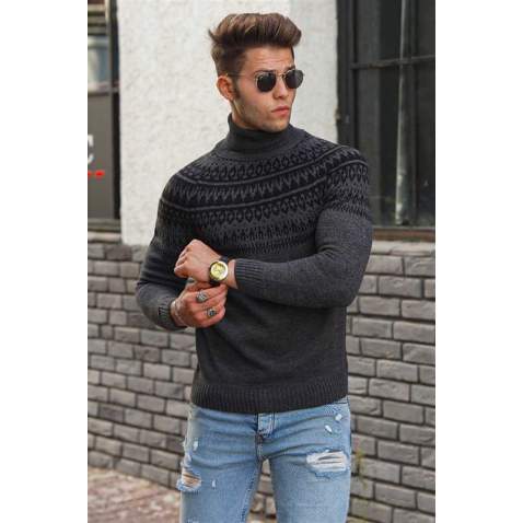 Madmext Anthracite Turtleneck Patterned Jumper 4732 - Antrasit