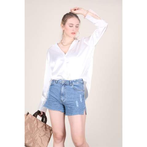 Mad Girls White Satin Shirt MG1104 - Beyaz