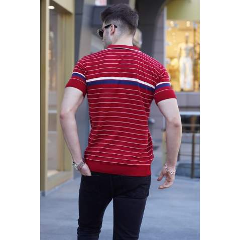 Men Striped Red Polo T-Shirt 5734 - Kırmızı