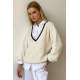 Women Ecru Knitted V Neck Sweater MG1373 - Ekru