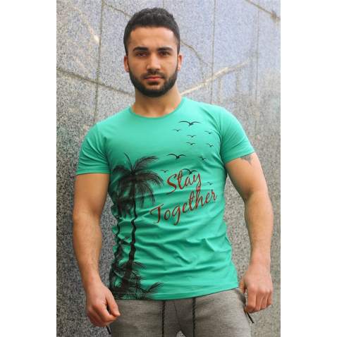 Madmext Turquoise Printed T-shirt for Men 3026 - Yeşil