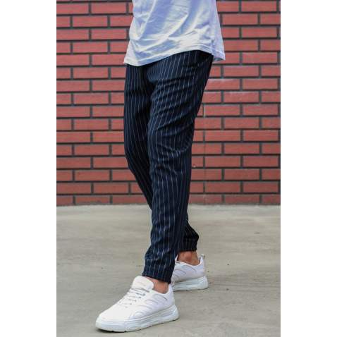 Madmext Navy Blue Striped Trousers Mad4084 - Lacivert