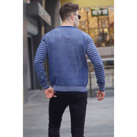 Light Navy Blue Round Neck Knitwear Sweater 5766 - Açık lacivert