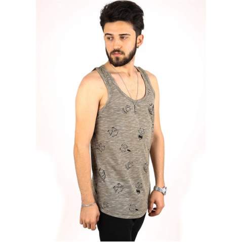 Madmext Men Printed Khaki Tank Top 2329 - Haki