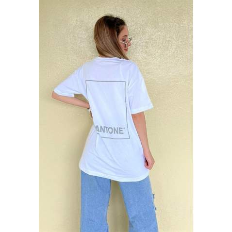 Women Printed White Over Fit T-Shirt MG1492 - Beyaz