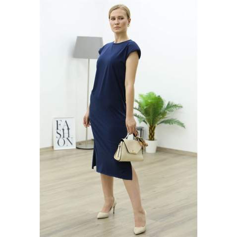 Mad Girls Navy Blue Shoulder Pad Slit Midi Dress MG357 - Lacivert