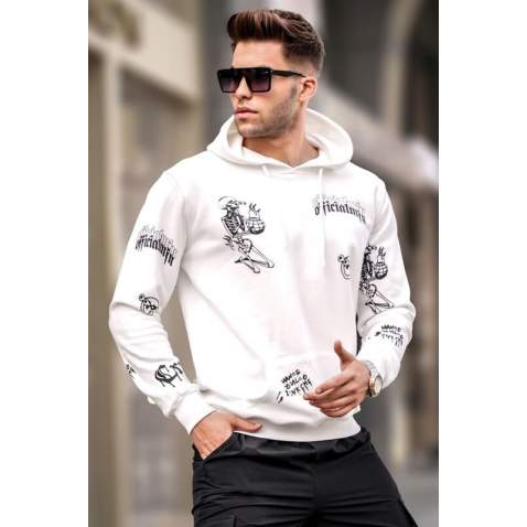 White Printed Hoodie Sweatshirt 5895 - Beyaz