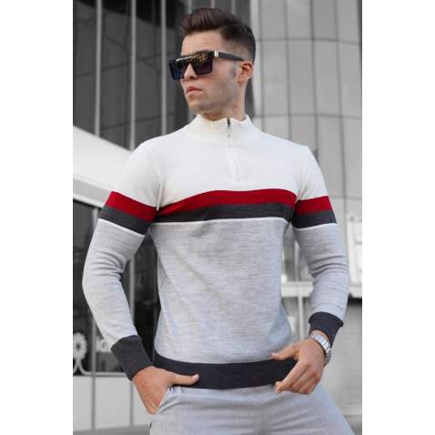 Madmext Men White Sweater With Zip 5601 - Beyaz