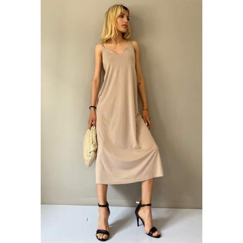 Beige V Neck Chain Strap Long Dress MG1542 - Bej