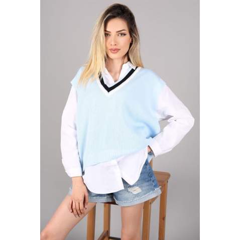 Women Striped Baby Blue Sweater - Bebe mavisi