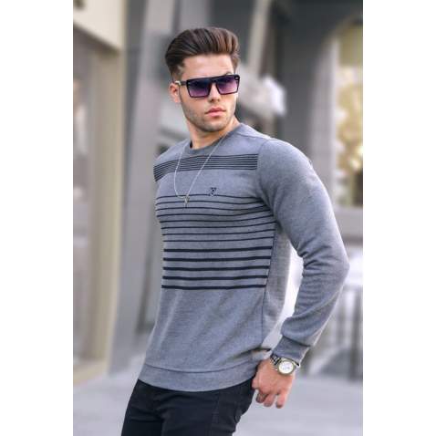 Marl Gray Striped Knitwear Sweater 5961 - Grimelanj