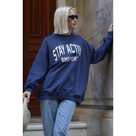 İndigo Baskılı Oversize Kadın Sweatshirt MG1564 - İndigo