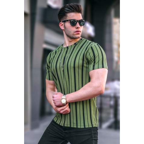 Madmext Men Striped Khaki T-shirt 5266 - Haki