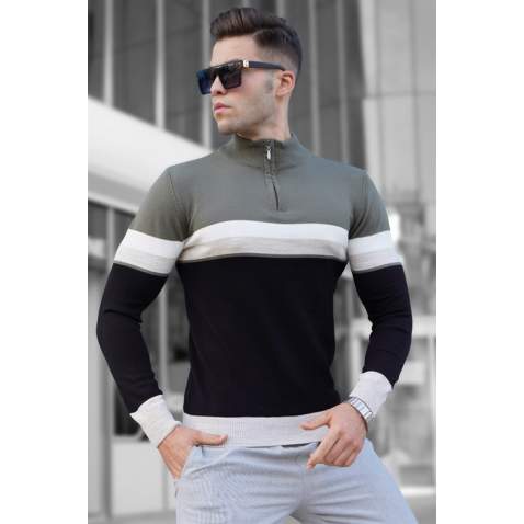 Madmext Men Khaki Sweater With Zip 5601 - Haki