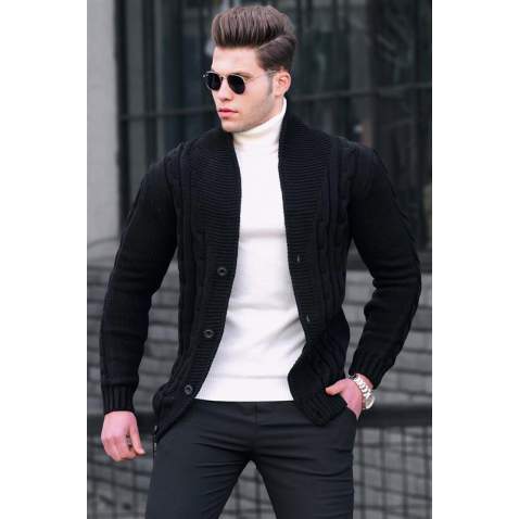 Madmext Men Knitted Black Cardigan 9053 - Siyah