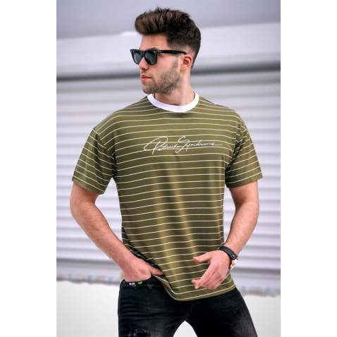 Madmext Men Striped Khaki T-shirt 5801 - Haki