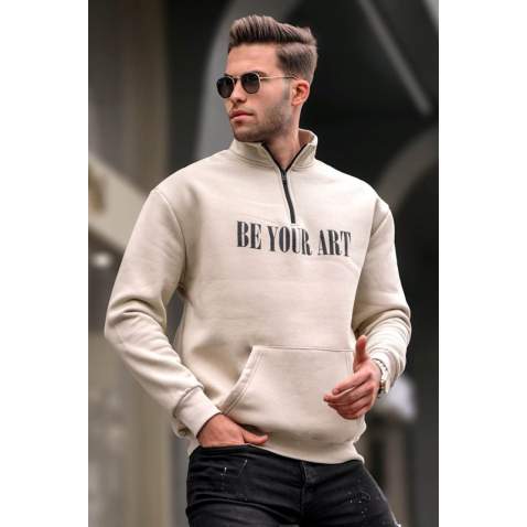 Bej Fermuar Yaka Baskılı Erkek Sweatshirt 6032 - Bej