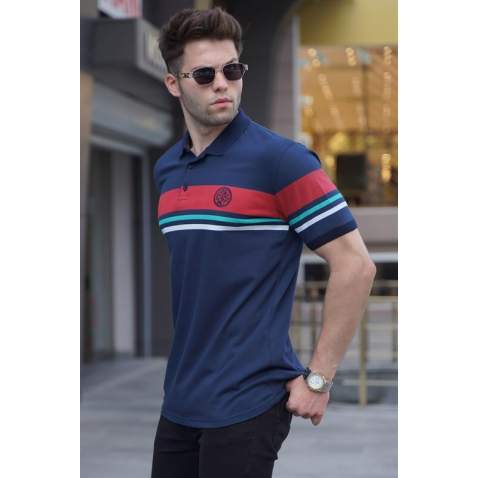 Striped Navy Blue Polo T-Shirt 5877 - Lacivert