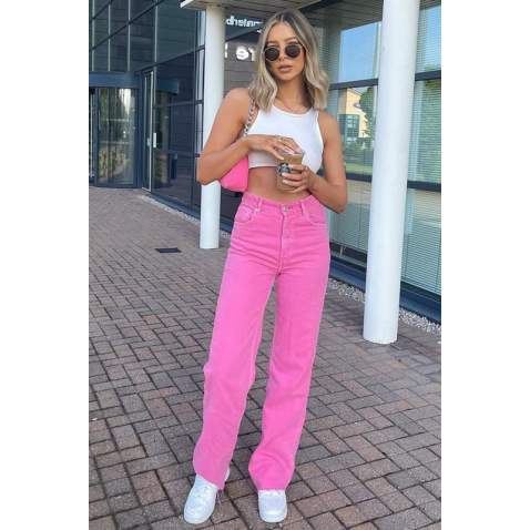 Pink High Waist Basic Palazzo Jeans MG1547 - Pembe