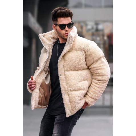 Men Beige Puffer Fur Jacket 5698 - Bej