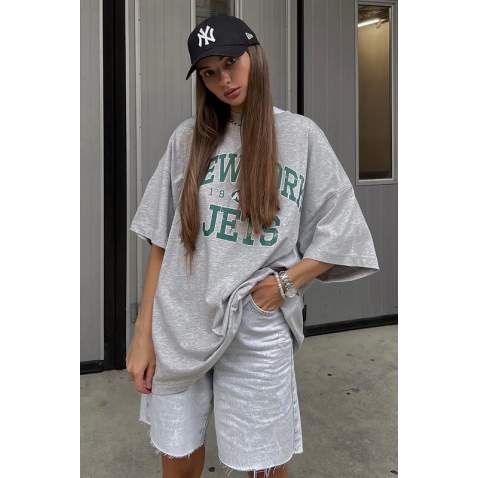 Women Printed Oversize Gray T-Shirt MG1226 - Gri