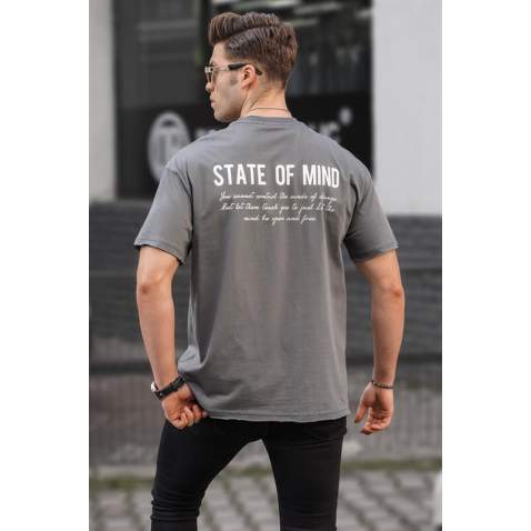 Men Printed Smoke Gray Oversize T-Shirt - Füme