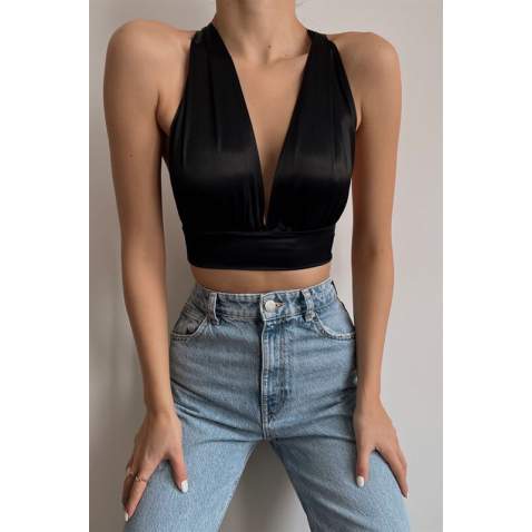 Mad Girls Tie-up Black Satin Crop Top MG1396 - Siyah