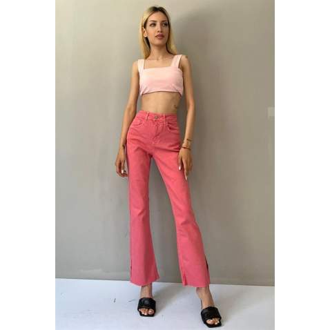 Women Pink Side Slit Cuff Jeans - Pembe