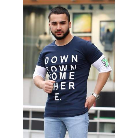 Madmext Navy Blue Printed T-shirt for Men Mad4010 - Lacivert