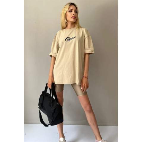 Women Printed Oversize Beige T-Shirt MG1491 - Bej